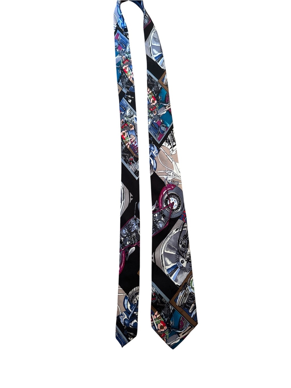 1994 Nicole miller Black motorcycle  Multi-Color Patterned Silk Tie